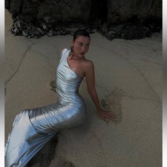 attem Dresses & Skirts - ATTEM Metta Conchetta Silver Metallic One Shoulder Long Maxi Dress size medium